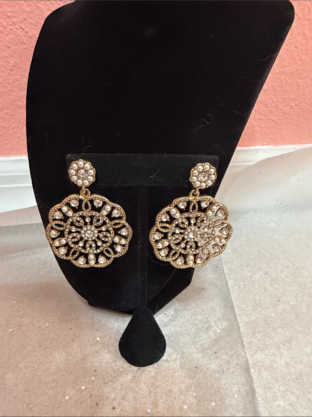 Park Lane Gold Toned Crystal Filigree Drop Earrings